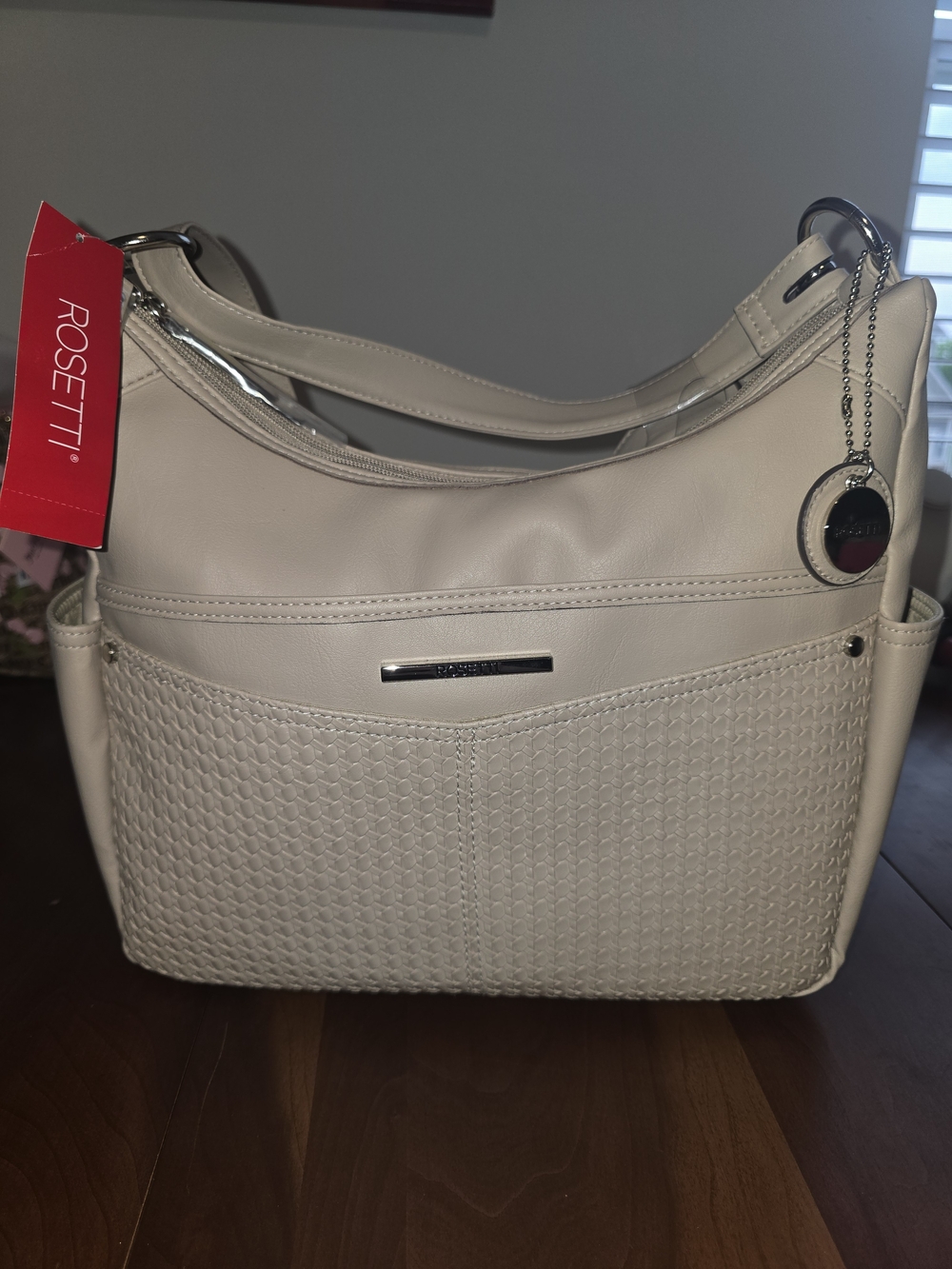 Rosetti NWT Cream Shoulder Hobo Bag with Woven Front Panel and Charm
